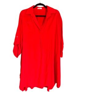 Women Red Collared Roll Tab Sleeve Shirt Dress‎ Tunic XXL